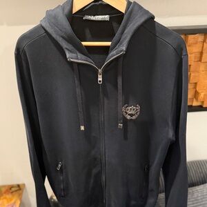 Dolce & Gabbana Black Embroidered Crown Crest Zip-Up Hoodie, Made in Italy